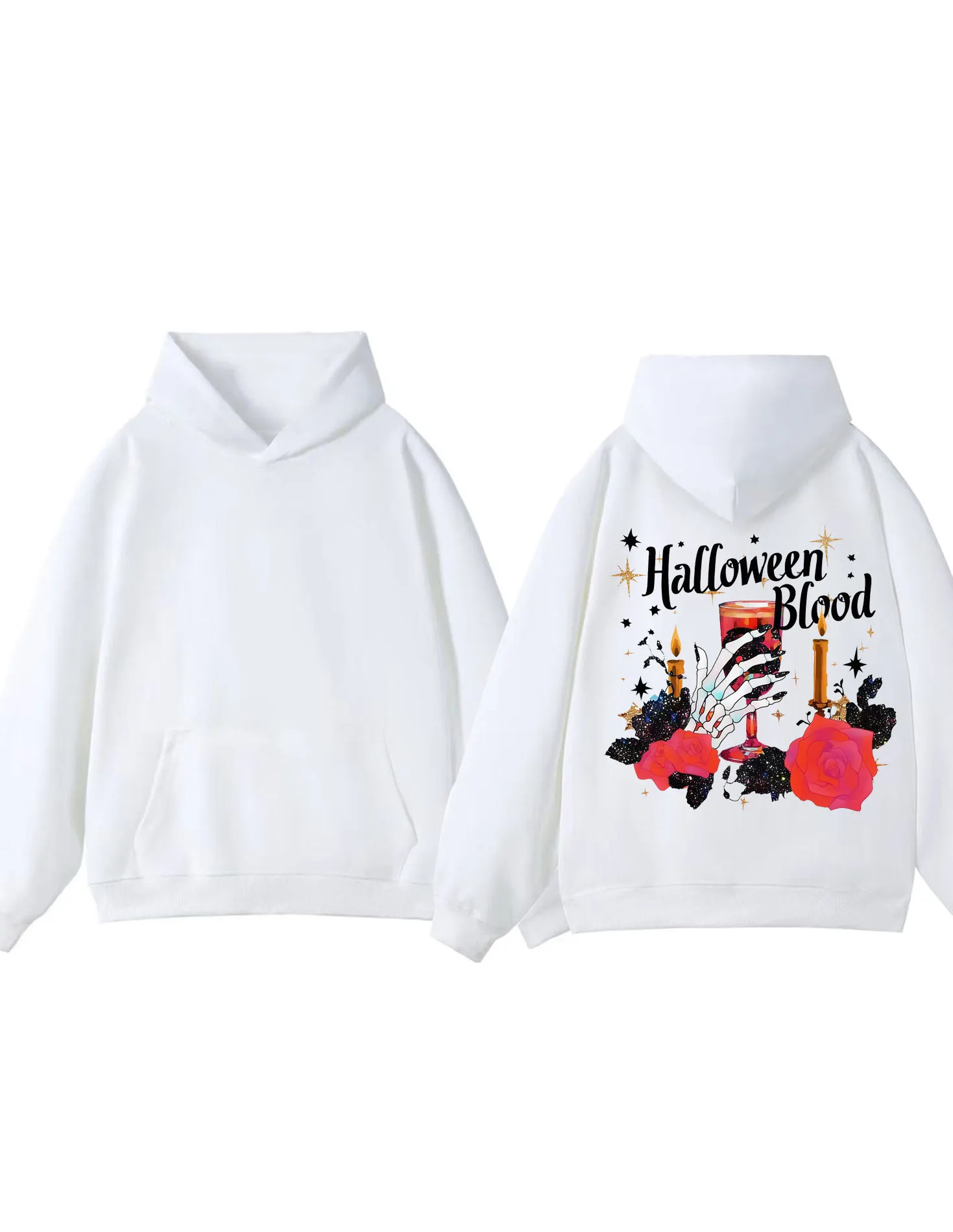 هالوين الهيكل العظمي الدم شمعة اليد روز الجرافيك الأبيض هوديي الرجال النساء موضة عادية الشارع الشهير هوديي تصميم فني 2025 عصري #1