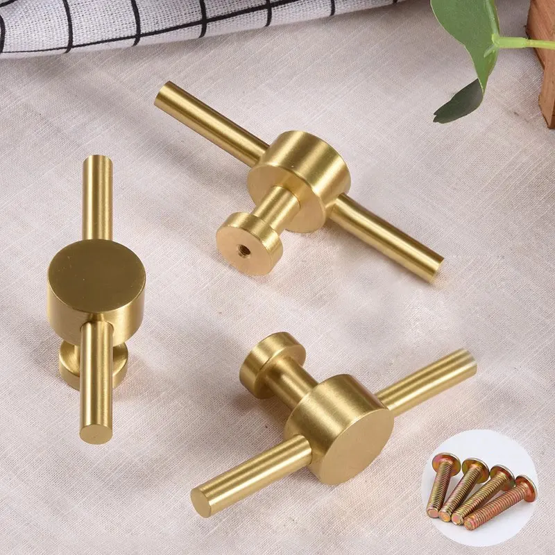 

Solid Brass Furniture Handle Brushed Gold Cabinet Drawer Pulls Handles T Bar Modern Simple Kitchen Hardware Cupboard Door Knobs