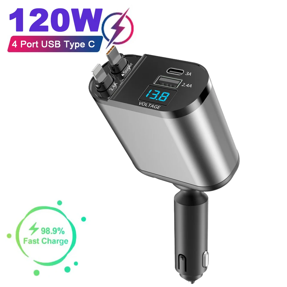 

120W 4 IN 1 Retractable Car Charger USB C Power Adapter For IPhone Huawei Samsung Fast Charge Cord Cigarette Lighter Adapter