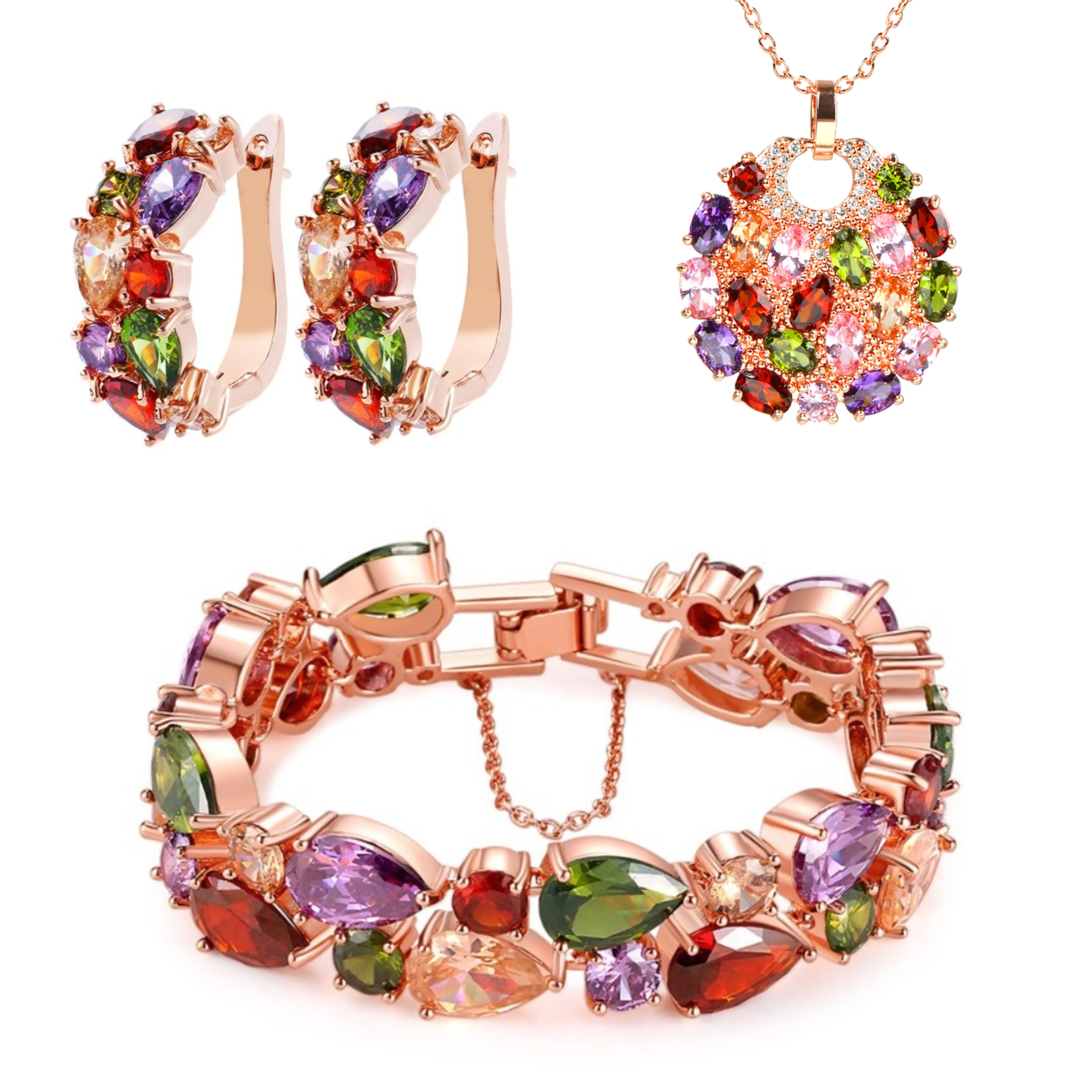 SUGO Classic Hot Sale Retro Sweet Rose Gold Color Multi Cubic Zirconia Jewelry Sets for Elegant Women Dinner Party Accessories