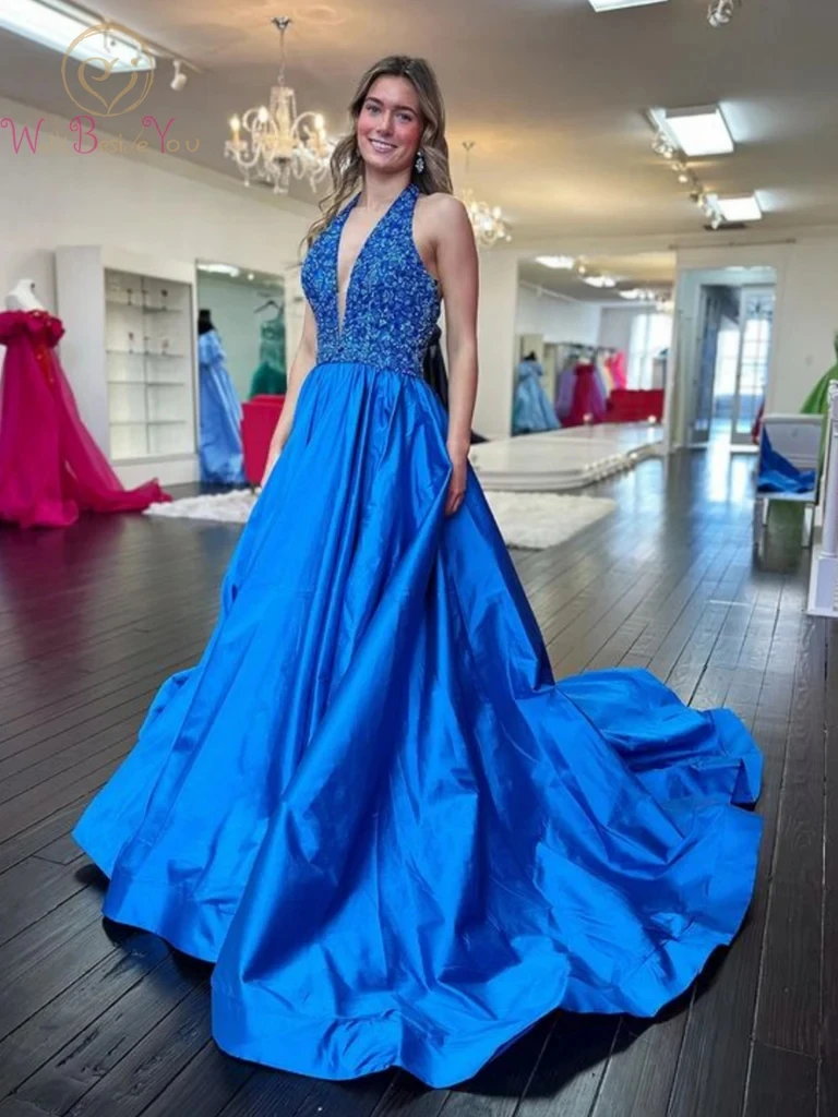 

Sequined Lace Evening Dresses Open Back Halter V Neck Royal Blue Long Prom Gowns A Line Formal Party Graduation Dresses