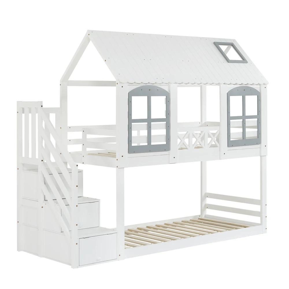 PINGGO Weißgraues Etagenbett 90x200cm mit Dachfenster, Leiter, Fallschirmgitter und 3 Staufächern aus Kiefern-MDF, ohne Matratze – Detail 13