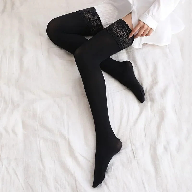6pairs Female New 100D Velvet Stockings with Lace Edge Solid Color Over Knee Hight Tube Stocking Standard Long Socks Women Girls