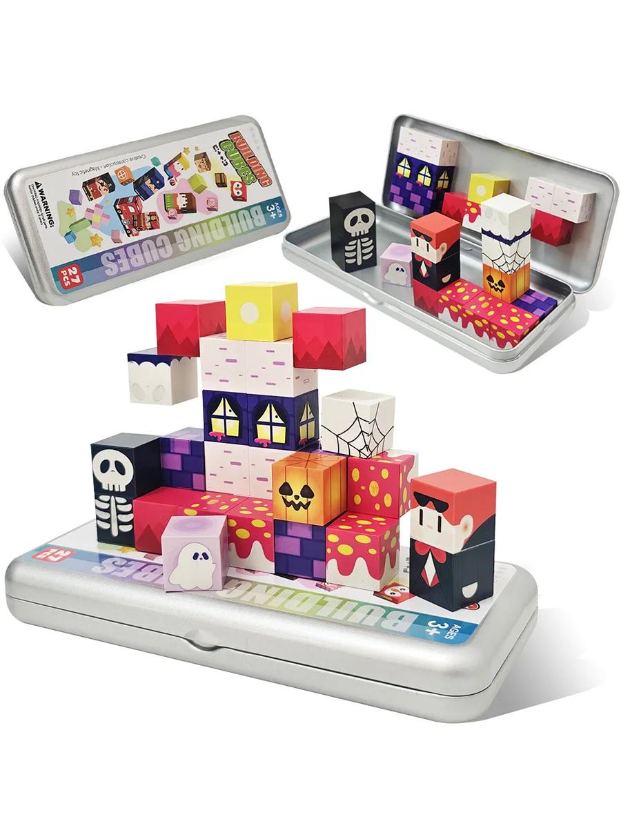 Set di blocchi magnetici con scatola di ferro da 27 pezzi, piastrelle magnetiche, giocattolo di blocchi di puzzle per bambini, set di blocchi di costruzione educativi prescolari