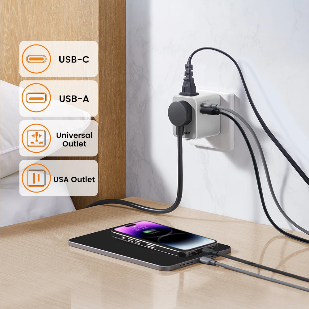 GONEO Универсальный дорожный адаптер с автоматическим восстановлением предохранителя PD USB‑C Международный штекерный адаптер для ЕС, Великобритании, Испании, Франции, США, Таиланда, Японии, Ирландии, Австралии