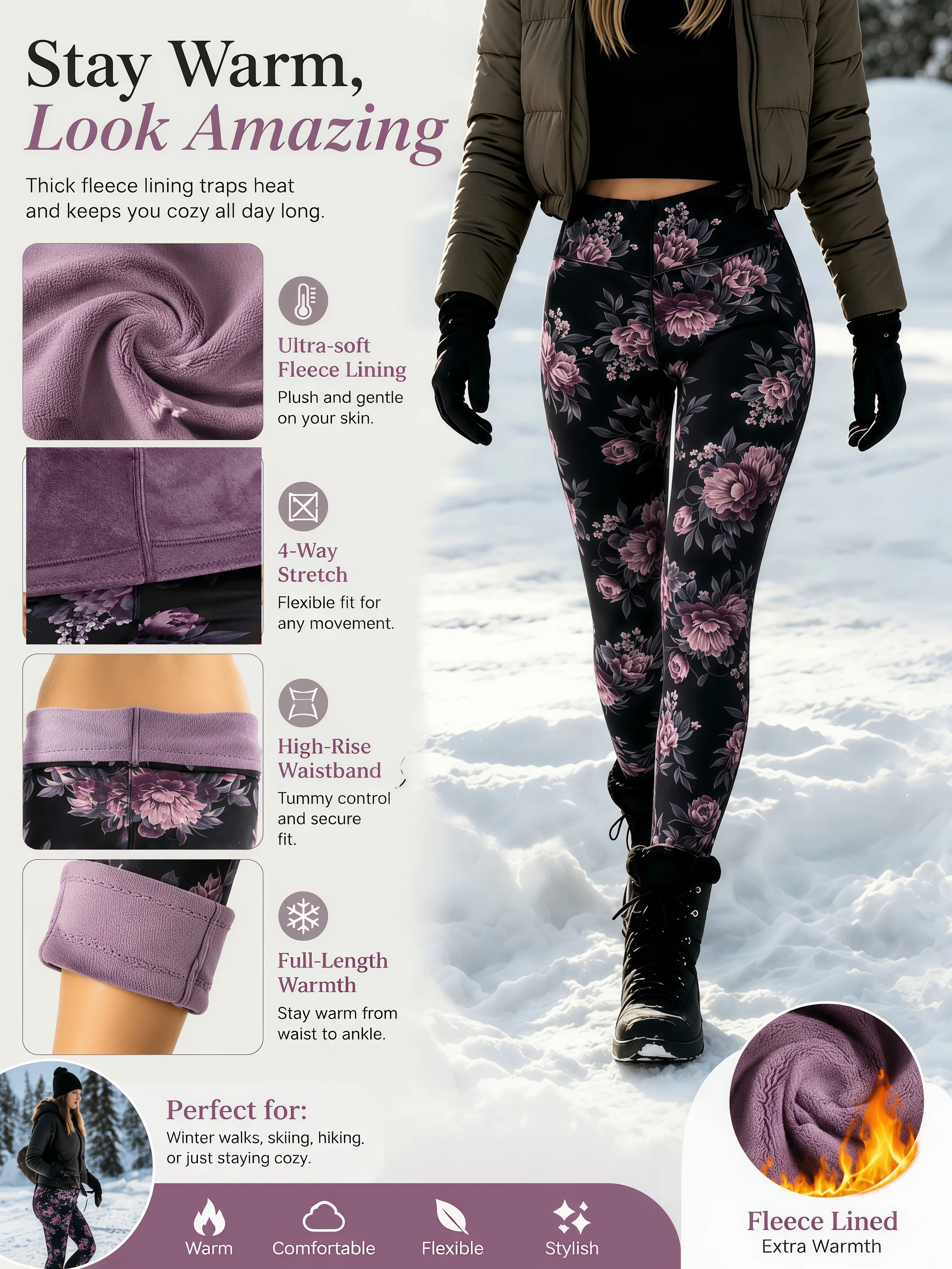 Women's Vintage Floral Printed Fleece Lined V-Waist Ankle Leggings Winter Thick Fleece Lining Heat Lock Cold Sports Pants -5℃~15 - view 3