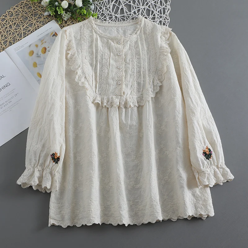 Spring Autumn Embroidered Cotton Blouse Women Clothing White Apricot Color Ruffles Long Sleeved Blouse Tops Mori Girl U024