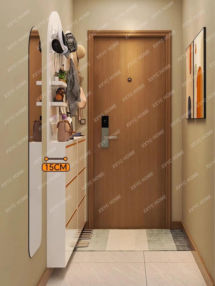 shoe cabinet, entrance cabinet integrated against the wall, indoor living room entrance hall, screen partition cabinet