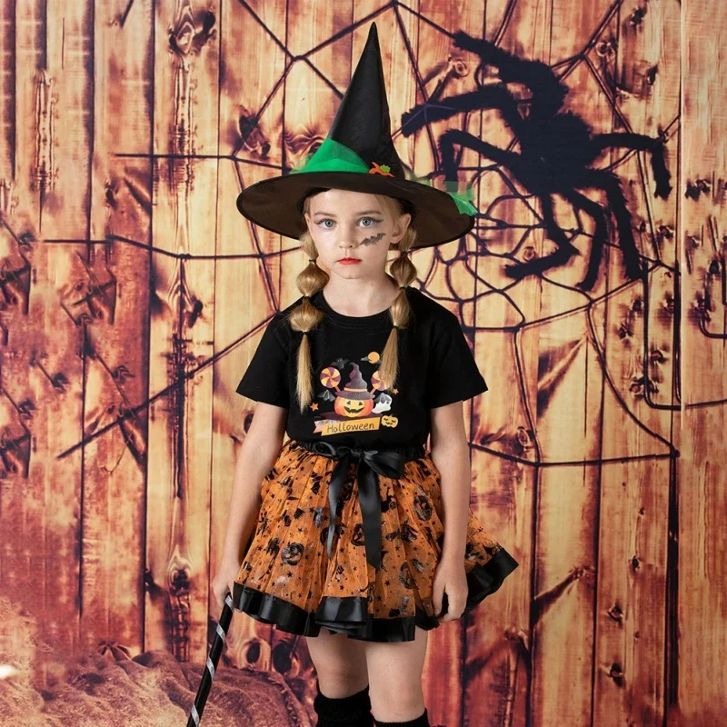 3Pcs Girls Halloween Skirt Kids Dance Party Costume Toddler Tulle Skirt Hat Broom Set Halloween Cosplay Dress Up For Little Girl