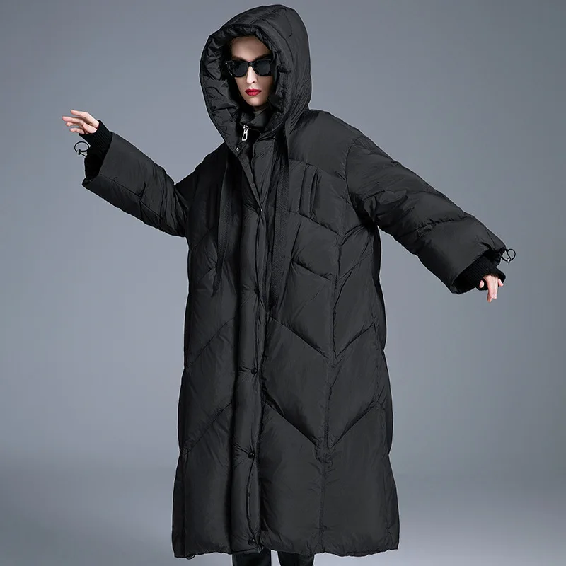 Luxury High Quality Oversized 90% Down Trench Coat Winter Warm Hooded White Duck Down Coat Thick Down Long Puffer Jacket Trendy