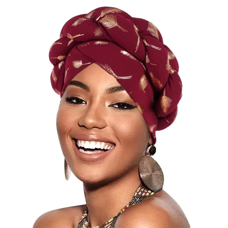 Feather Braid Turban Caps for Women Muslim Headwear Headscarf Bonnet Female Head Wraps African Indian Hat Turbante Mujer