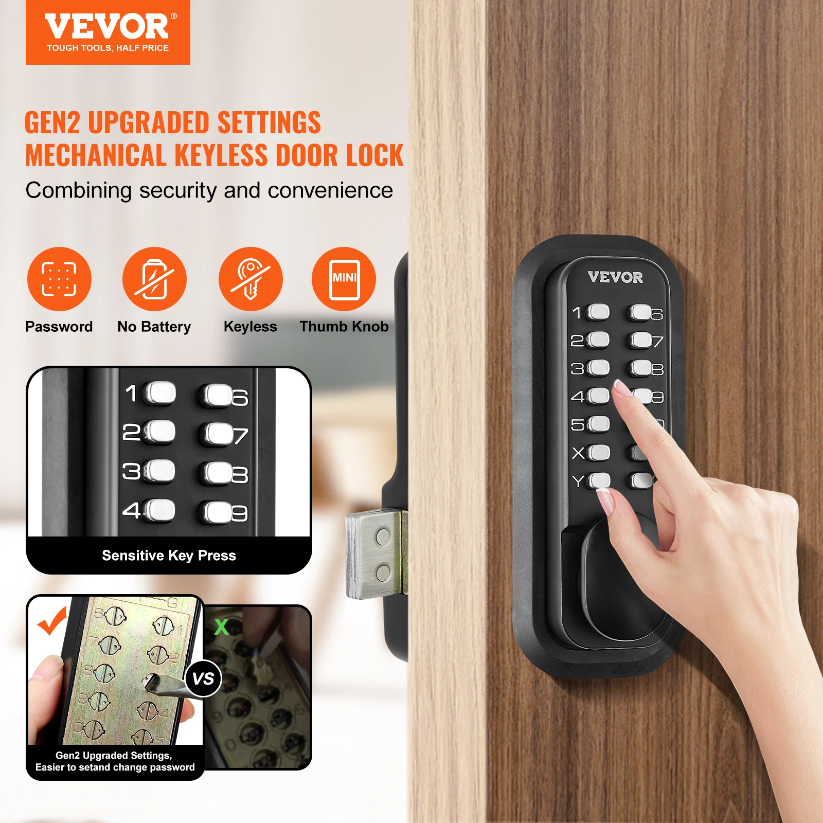 VEVOR Mechanical Keyless Entry Door Lock 14 Digit Keypad Surface-mounted Latch