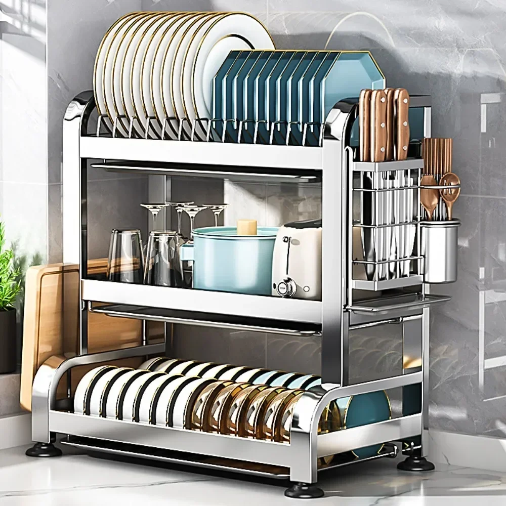 Drenaj Rafı Paslanmaz Ayarlanabilir Çok Fonksiyonlu 2 Katmanlı Bulaşık Kase Drenaj Rafı Çatal Depolama Tutucu Malzemeleri için Drenaj Tahtası ile