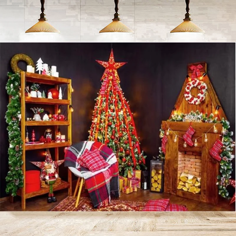 Photography Backdrop Merry Christmas Party Fireplace Decor Banner Christmas Tree Baby Portrait Background Poster Photo Studio