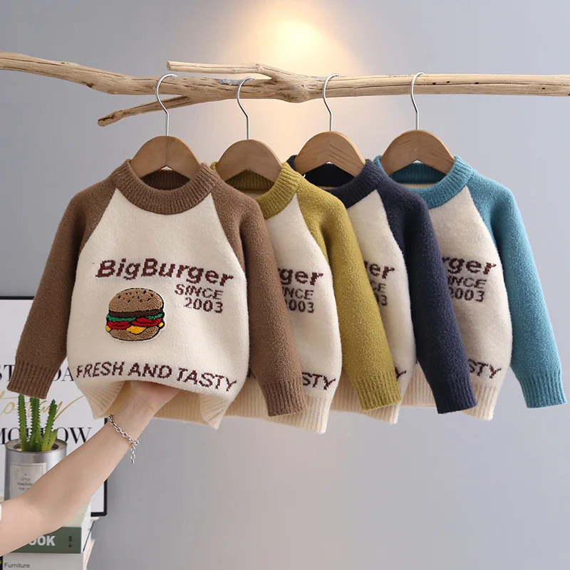 Children's Clothing Girls Boys Sweater Long Sleeve Top Outer Wear Casual Simple Hamburger Autumn and Winter Clothing