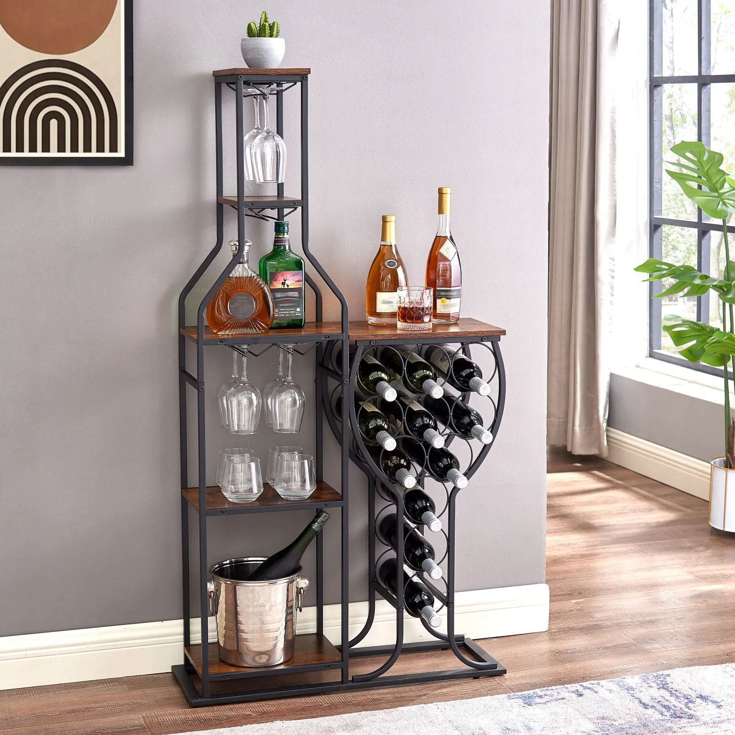 5 Tier Freestanding Wine Rack with Glass Holder - Kitchen & Dining Room Storage Solution