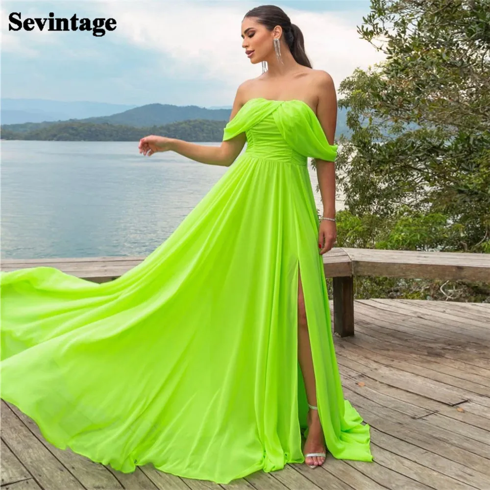 

Sevintage Modest Bright Green Chiffon Prom Dress Off The Shoulder Pleated Side Slit Floor Length Evening Dress vestidos de gala