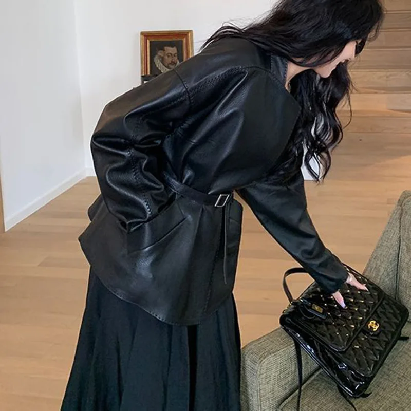 

Повседневная негабаритная куртка из искусственной кожи, женское свободное пальто из белковой кожи с поясом на талии, базовый плащ ​ ​