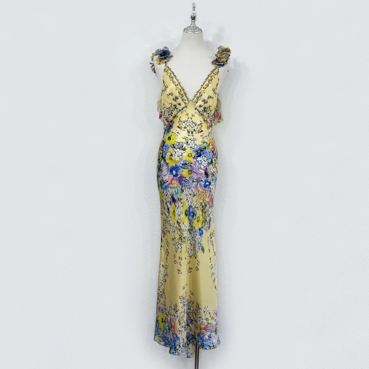 Summer Fashion Floral Print Sexy Elegant Silk Fishtail Floor-Length Dress Women's V-Neck Flounces Slim Buttock Covering Dresses