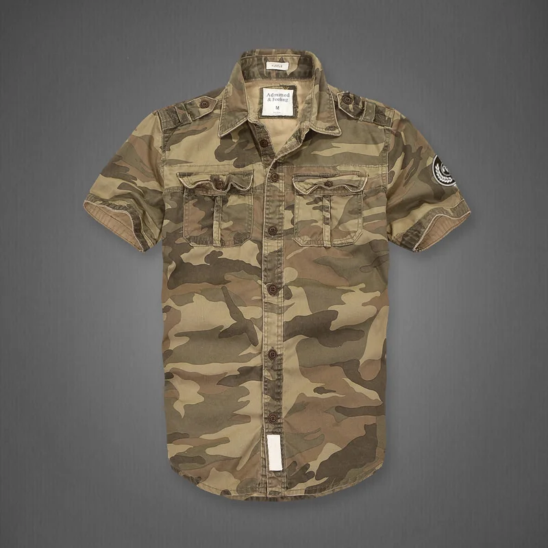 

Vintage Men's Casual Shirts Cotton Camouflage Loose Short Sleeve Multiple Pockets Cargo Men