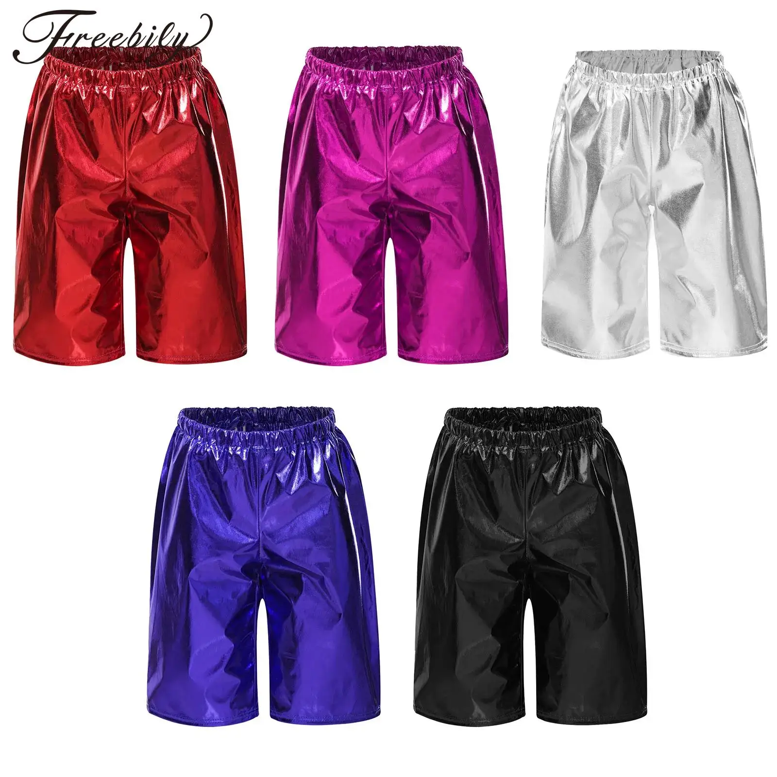 Kids Girls Boys Shiny Metallic Shorts Hip Hop Latin Jazz Dancing Costume Dancewear for Carnival Stage Performance Cosplay Party