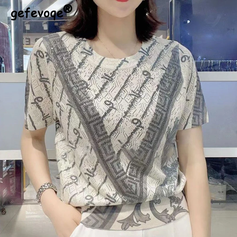 

Women's Clothing 2023 Summer Fashion Rhinestone Print Elegant T-shirts Casual O Neck Short Sleeve Loose Pullover Tops Camisetas