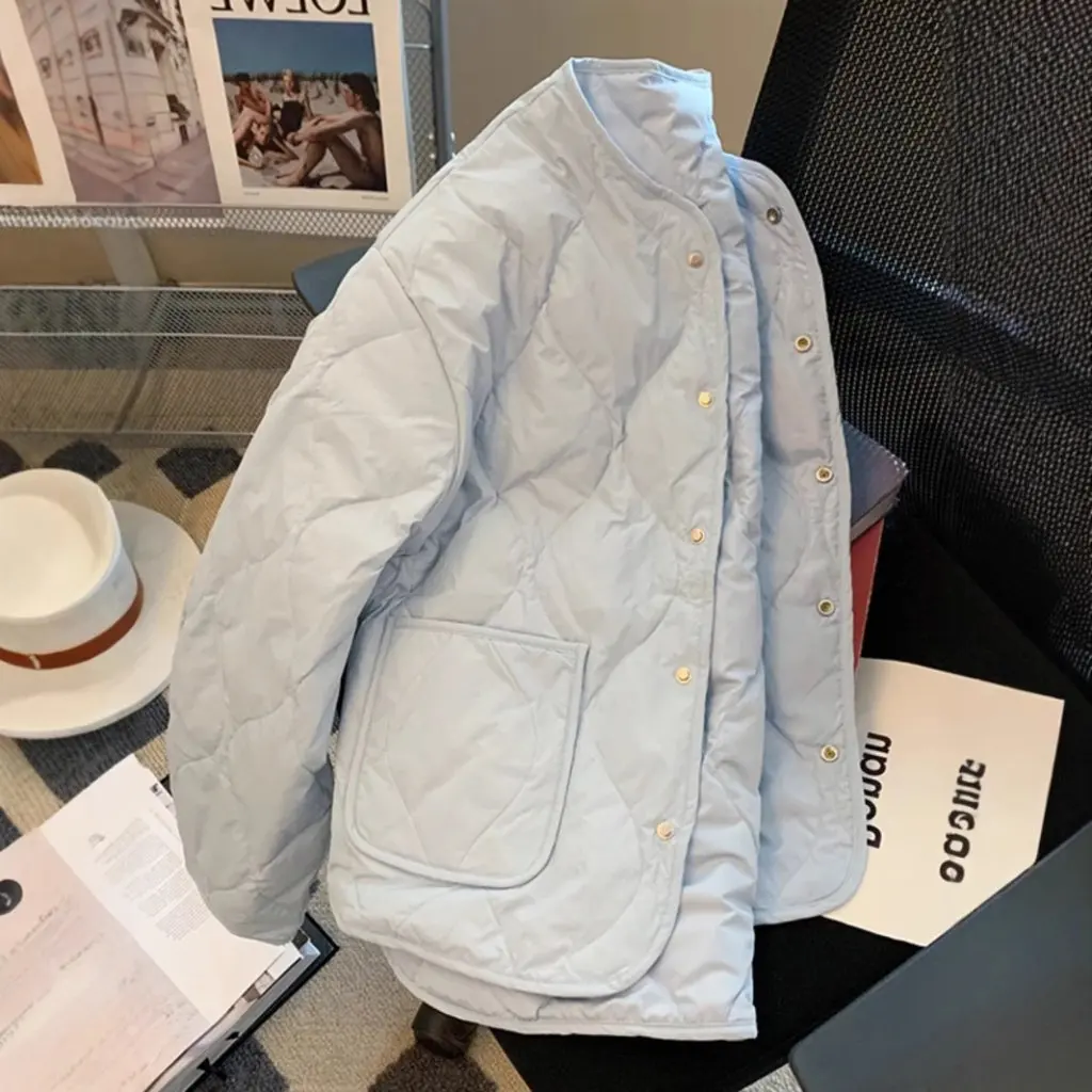 Milk Blue Women's Quilted Short down Jacket Long-Sleeved Single-Breasted Lightweight Winter Outerwear plus Size