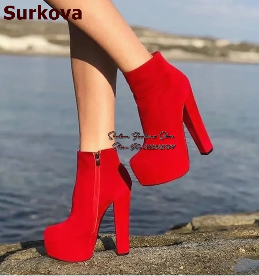 Surkova Hot Red Nude Black Suede Chunky Heel Ankle Boots Sky High Platform Zipped Short Booties Motorcyle Boots Dress Shoes