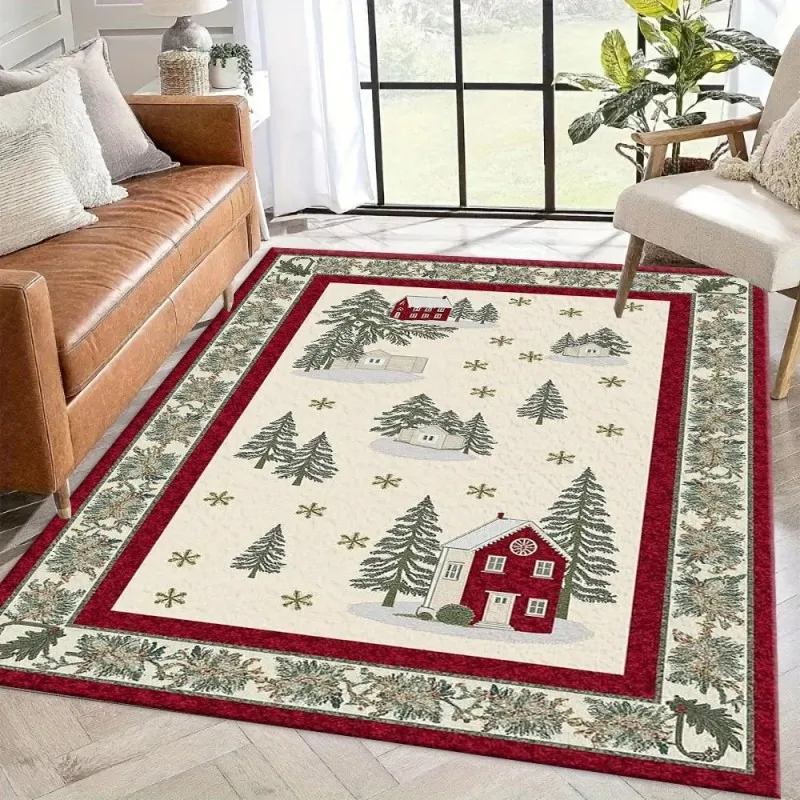 VIKAMA Christmas Winter Scene Rug—Living Room, Fireplace, Bedroom, Bedside, Entryway, Hallway, Bay Window—Festive Decorative Rug