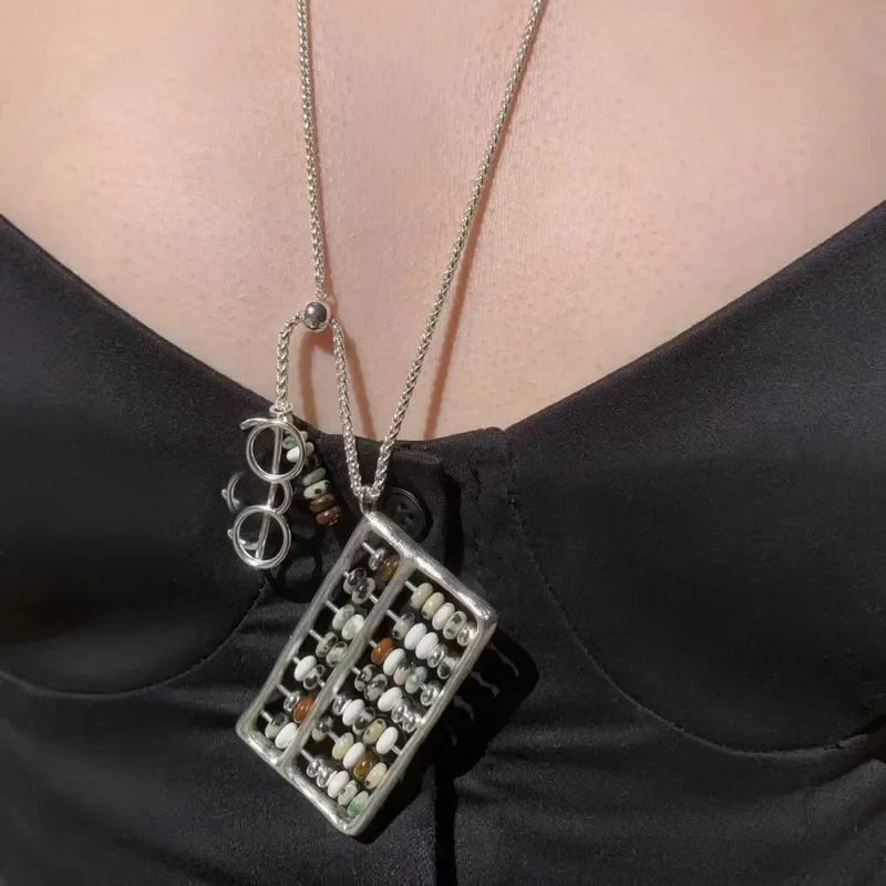 26 New Abacus Necklace Mixed Color Natural Stone Brass Electroplated Antique Silver Long Sweater Chain Fashion Versatile