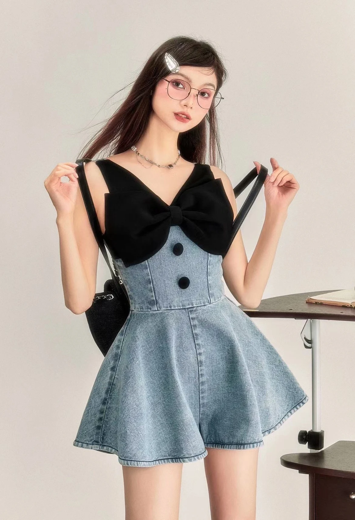 Saliency Denim One Piece Overalls Women Sleeveless Sexy V Neck Patchwork Bow Rompers Shorts Streetwear