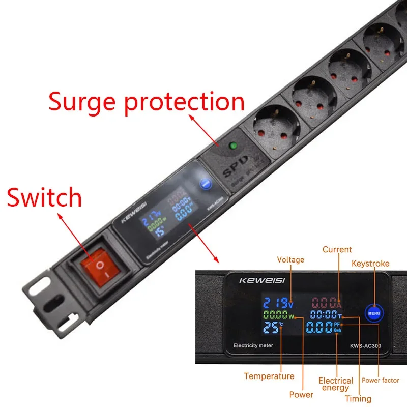 Imagem -02 - Pdu Power Strip Unidade de Distribuição Voltímetro Digital Amperímetro Extensão do Wattímetro Electrica 27 Soquete Padrão Europeu 2m Cabo