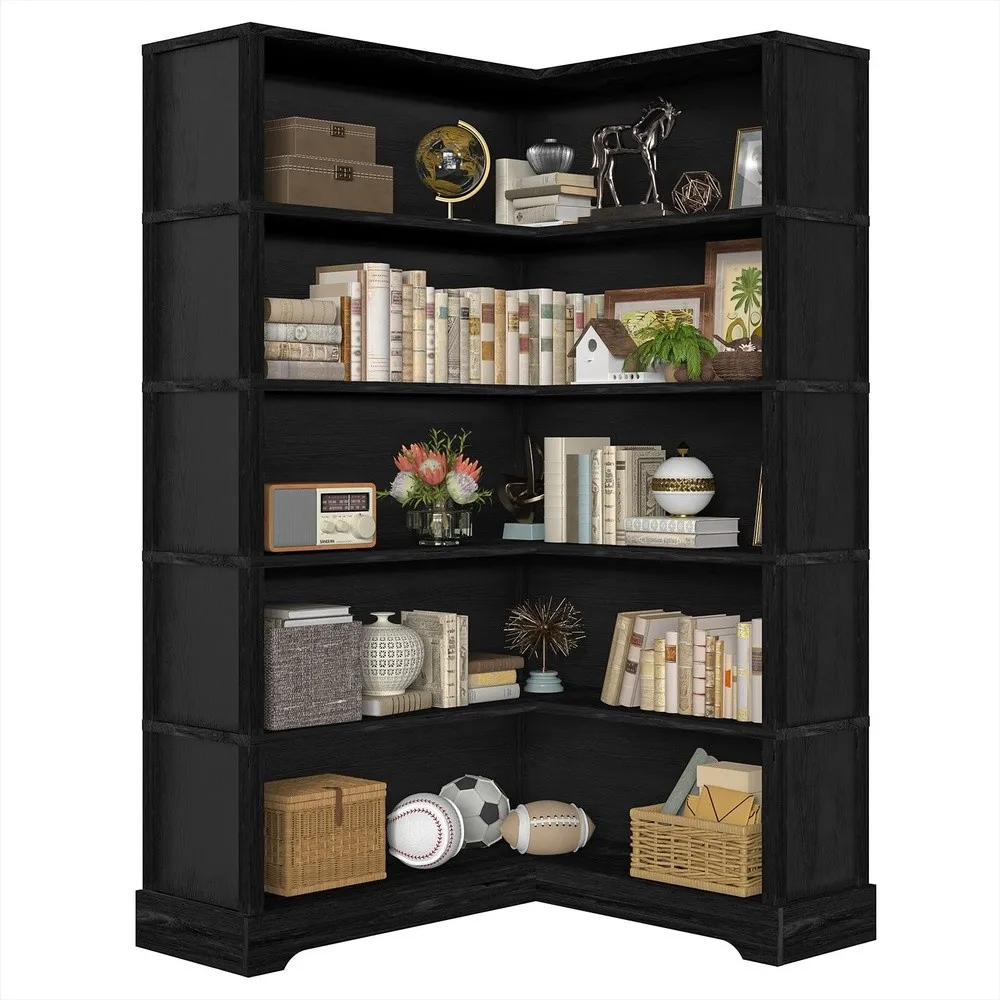 Wood Corner Book Shelf 5 Tier 65 Inch Tall Bookshelf with Storage Floor Standing Display Book Shelf for Living Room