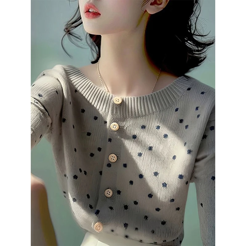 Polka Dot Long Sleeve Knitting Cardigan Coat Women Autumn Winter Slim O-neck Sweater Fashion All-match Office Lady Knitwear Tops