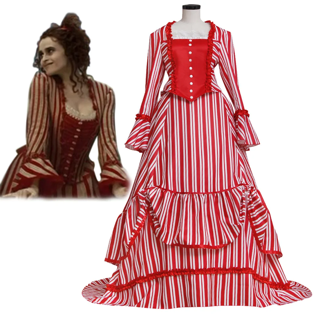 Sweeney Todd Mrs. Lovett's Cosplay Costume Red Striped Dress Medieval Victorian Ball Gown Halloween Party Outfits