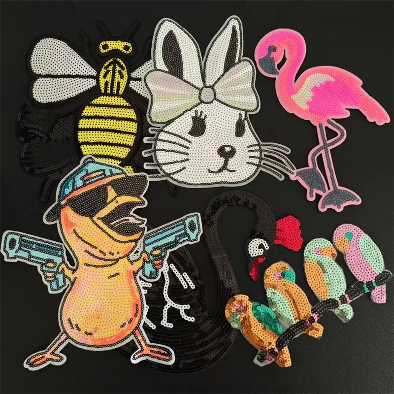 Clothing Women Shirt Top Diy Animal Patch Flamingo Bee Rabbit Swan Duck Sequins T-shirt Sew on Patches for clothes Stickers