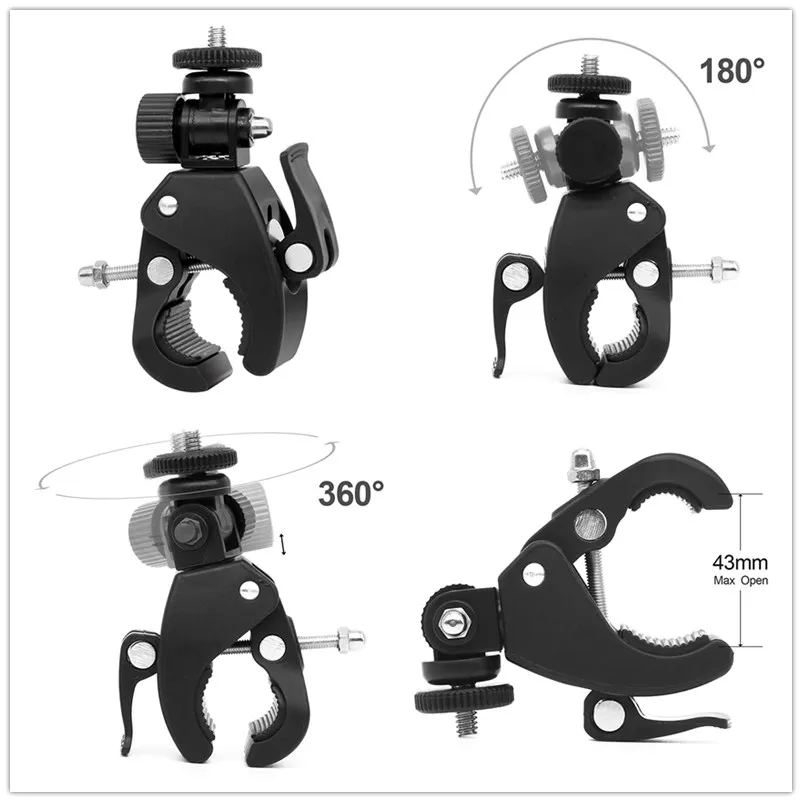 Abrazadera para manillar de bicicleta y motocicleta, adaptador de trípode para cámara Gopro Hero 9, 8, 7, 6, OSMO, color negro, 1/4