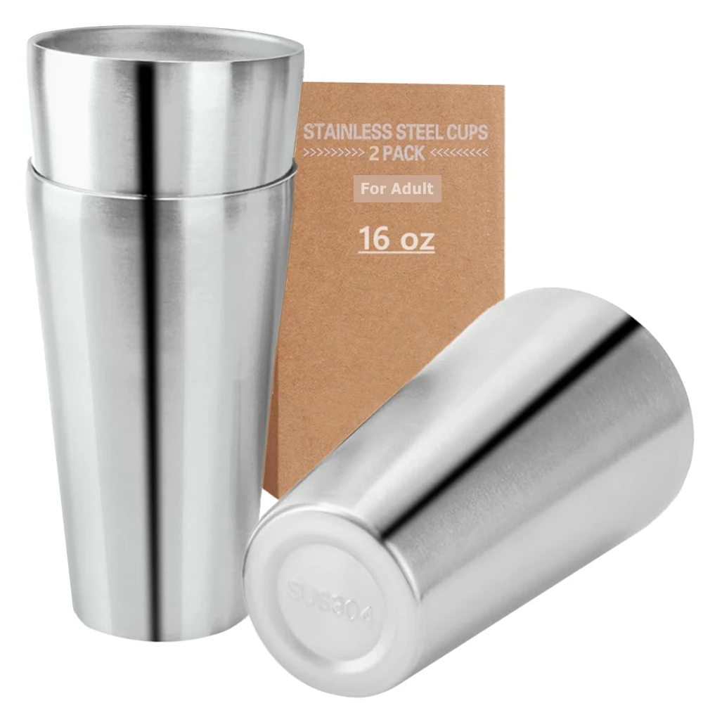 2 Pack Stainless Steel Cups 16oz Tumbler Stackable Double Wall Vacuum Insulated Metal Drinking Glasses Home Office Party Camping