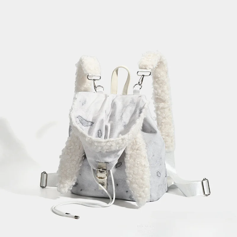 Cute Fluffy Rabbit Ears Hat Backpack for Autumn Winter New Design High-sense Large Capacity Hundred-match Bag for Women