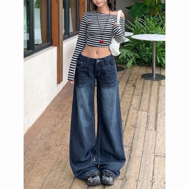 

Women's American Vintage Washed Blue Grey Wide Leg Jeans Design Versatile Loose Slim Straight Floor Length Pants