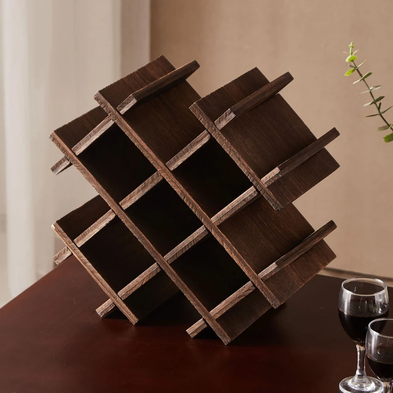 Japanese Solid Wood Diamond Wine Rack Desktop Bottle Storage Holder Home Bar Decor Household Wine Organizer Ornament