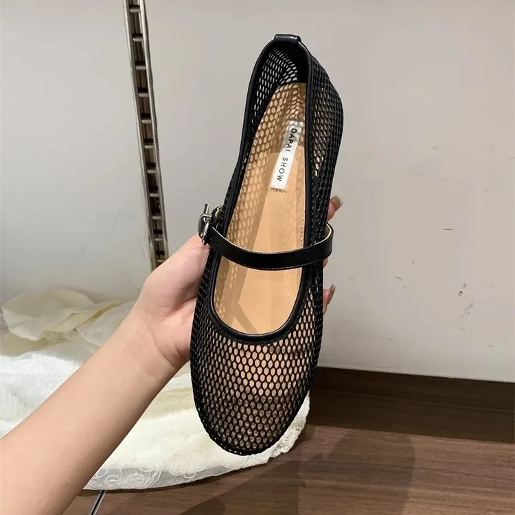 Zapatillas de Ballet de malla de marcas de lujo, sandalias huecas, zapatos planos para mujer, zapatos cómodos Retro de playa poco profundos para mujer, transpirables