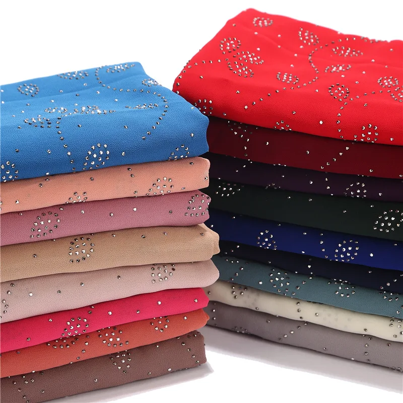 

72*175CM Southeast Asia New Hot Drill Leaf Pearl Chiffon Women's Headscarf Muslim Fashion Hijabs Scarf