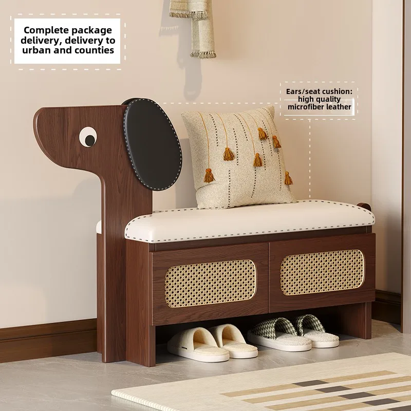 

Solid wood puppy shoe changing stool rattan door enters the door, shoe cabinet and stool are integrated, cute and creative