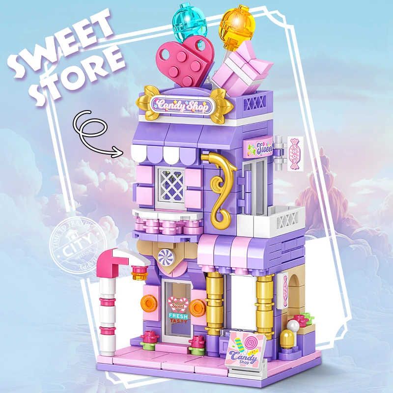 ชุดตัวต่ออาคารเมืองร้านขายลูกอมบ้านขนมปังขิงตกแต่งโต๊ะทำงานของเล่นเด็ก DIY ของขวัญคริสต์มาสและวันเกิด