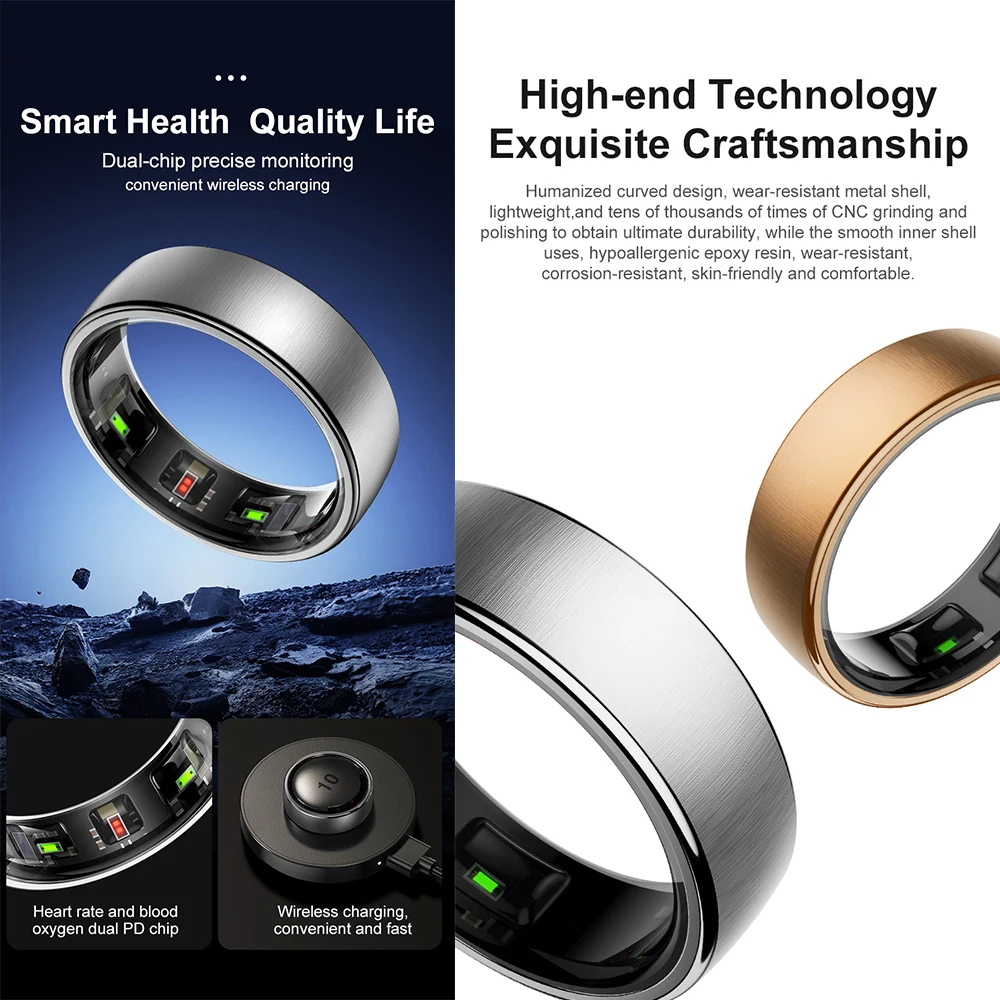 R10 جهاز تعقب للياقة البدنية الصحة الذكية الدائري HRV معدل ضربات القلب الأكسجين في الدم المزدوج PD رقاقة 5ATM مقاوم للماء السباحة ذكي البنصر