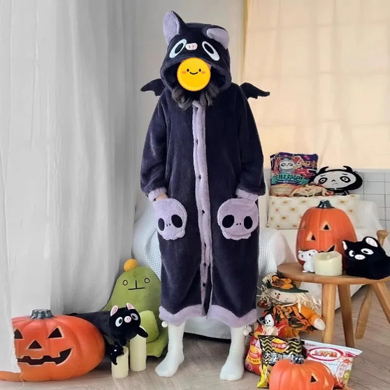 Cartoon Bat Plush Pajamas Robes Anime Flannel Nightgown Winter Long Sleeve Night Dress Halloween Party Vampire Cosplay Costume