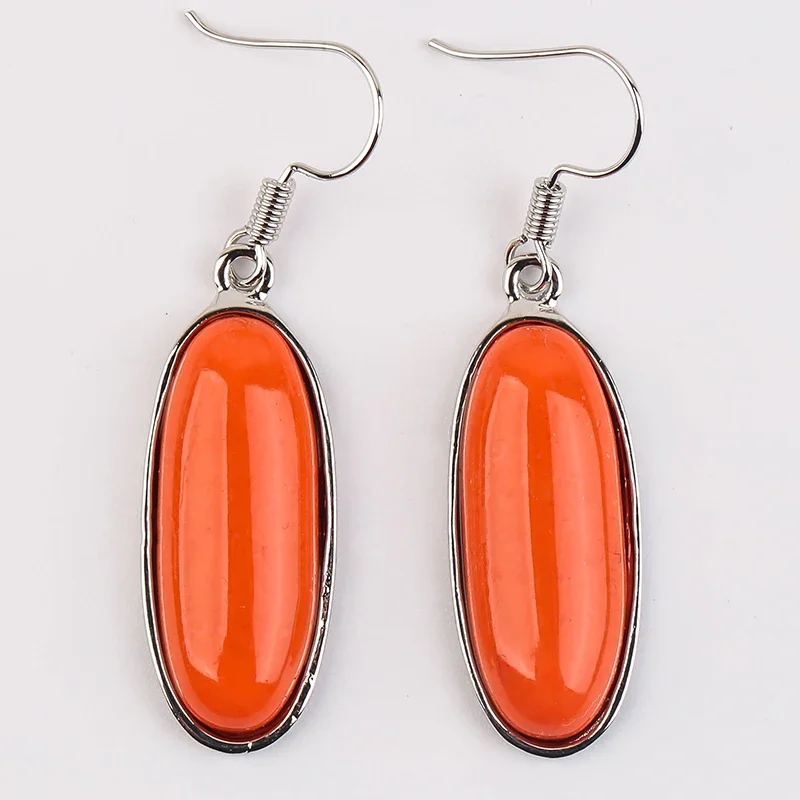 Fashion Boho Retro Orange Oval Stone Earrings for Women Vintage Ethnic Silver Color Long Drop Jewelry Female Friendship Gift