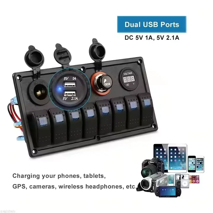 12V 24V 8 Gang LED Rocker Switch Panel Aluminum USB Car Charger With Electronics & Instrument Enclosures For Boat Caravan