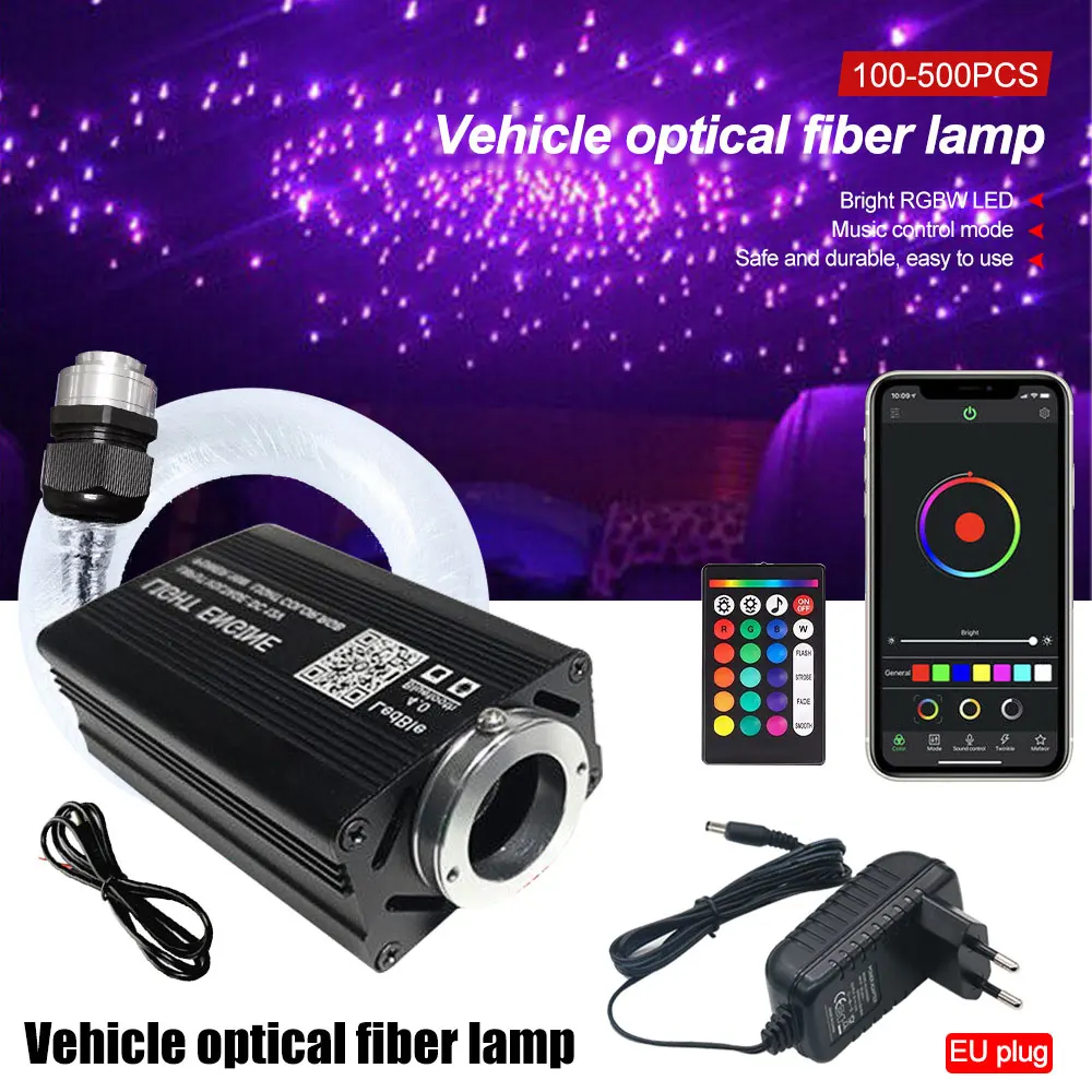 Luz LED de fibra óptica para coche, luz de techo con efecto de cielo estrellado, control remoto e inteligente por aplicación Bluetooth, RGBW, 12V